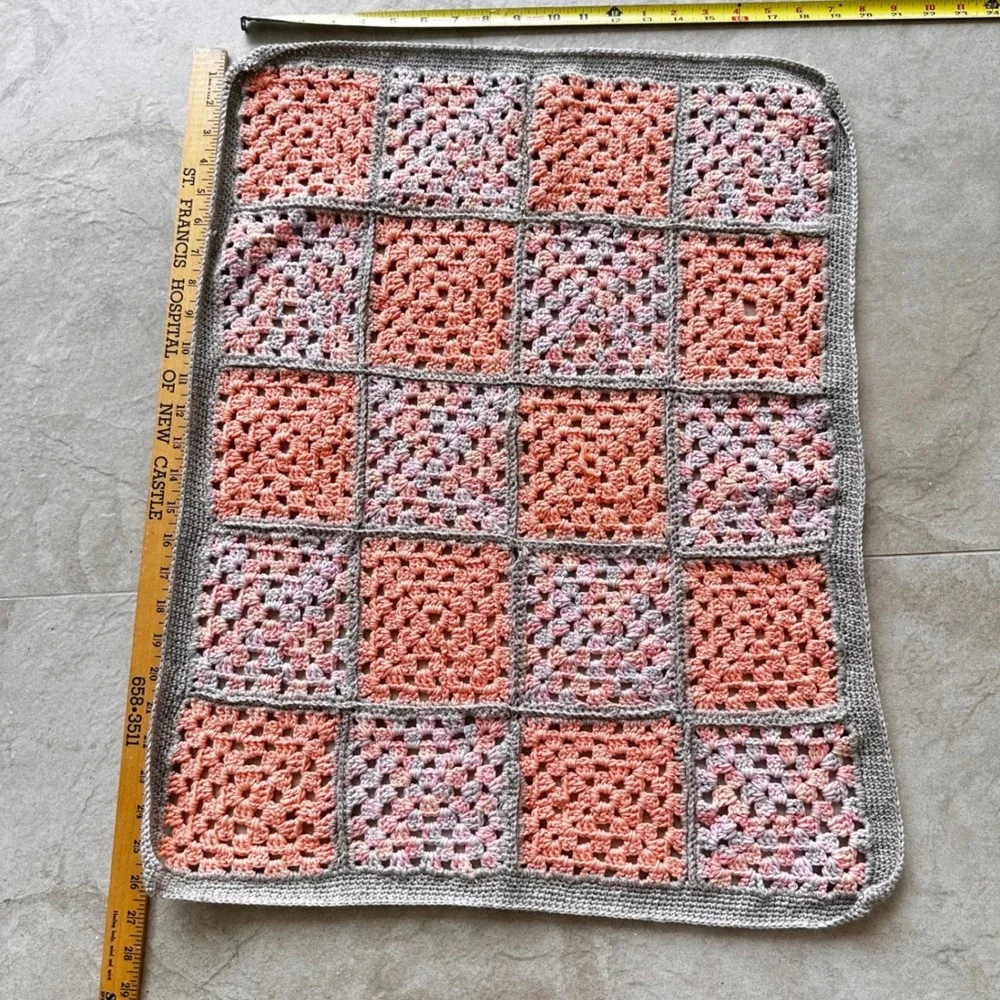 Handmade Crochet Granny Square Baby Blanket Peach Pink Gray 22x26 Stroller Throw